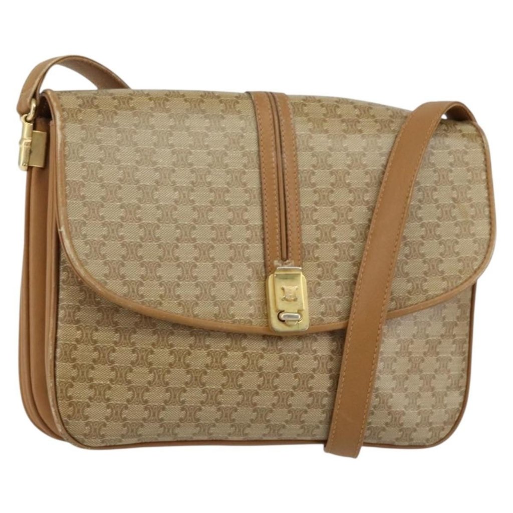Authentic Celine Macadam Canvas Shoulder Bag Pvc Leather Beige Gold